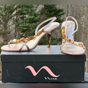 Metallic Gold Leather and Gemstone Stiletto Heel Sandal - Size 7